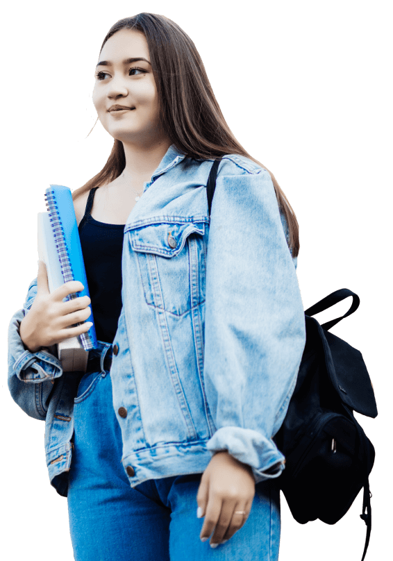 image Young woman in a denim jacket holding spiral notebooks with a black backpack over her shoulder